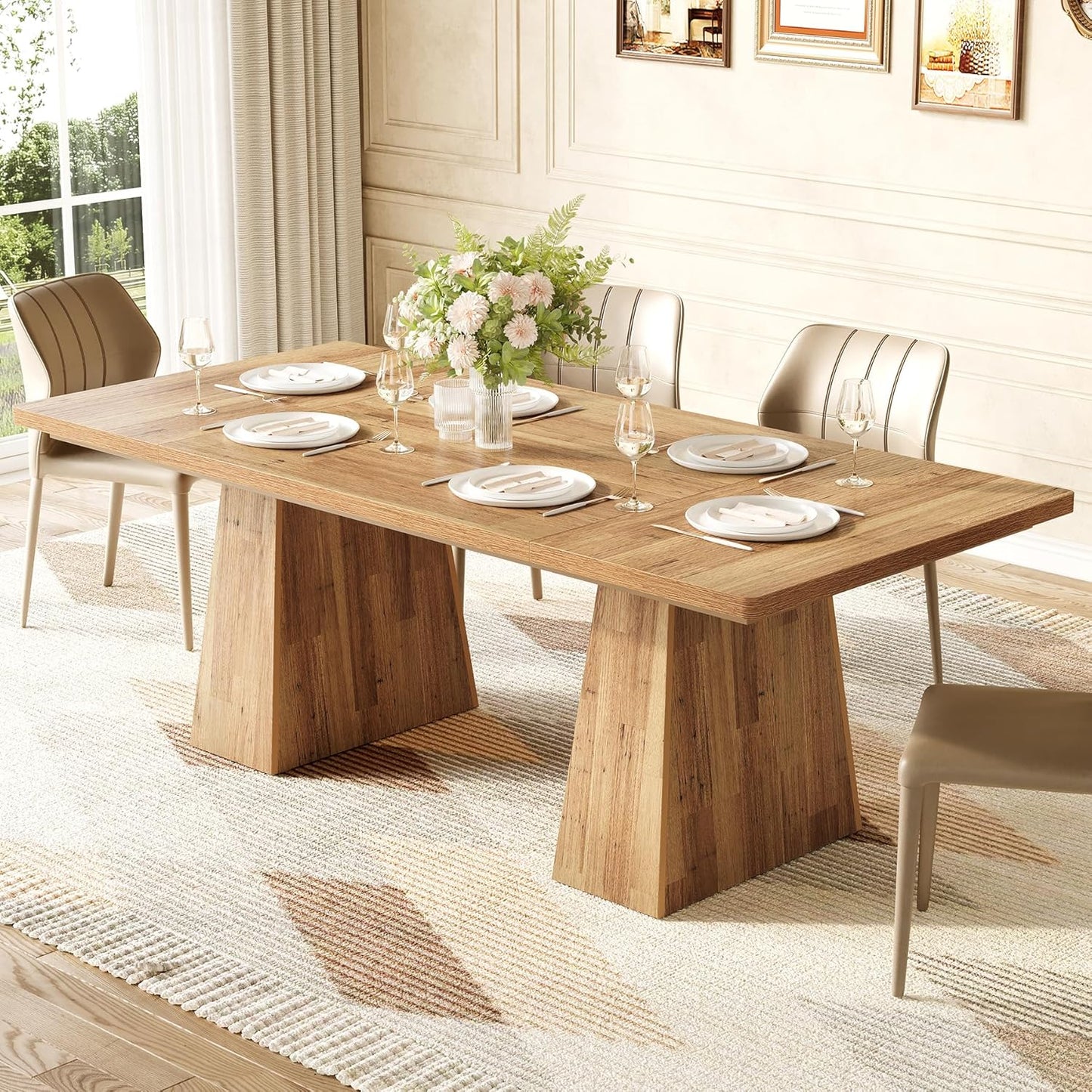 LITTLE TREE Dining Table for 6 People, Wooden Dining Table, Rectangle Table with Heavy Duty Legs, Modern Dining Table for Kitchen, Dining Room, Light Brown