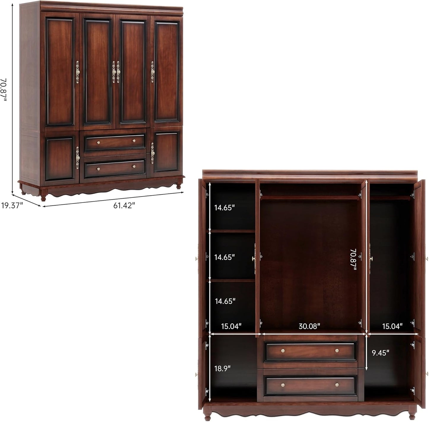 Solid Wood Armoire Wardrobe Closet with Cherry Finish, 61.42"W x 19.29"D x 70.87"H, Clothes Organizer with Shelves, Hanging Rods and 2 Drawers, American Style Freestanding Bedroom Storage