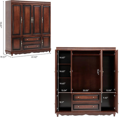 Solid Wood Armoire Wardrobe Closet with Cherry Finish, 61.42"W x 19.29"D x 70.87"H, Clothes Organizer with Shelves, Hanging Rods and 2 Drawers, American Style Freestanding Bedroom Storage