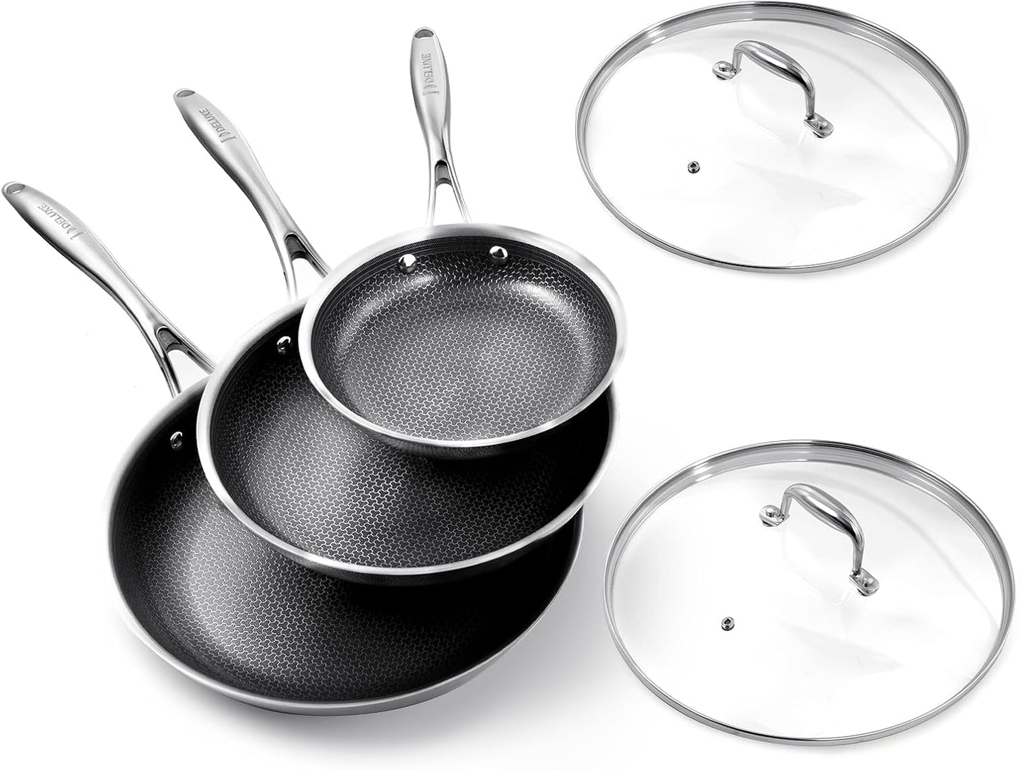 DELUXE Hybrid Ceramic Nonstick 5-PC Fry Pan Set,8,10,12 Inch Frying Pans with Tempered Glass Lid,Stay-Cool Handle, Dishwasher Safe, Works on All Stovetops Induction for Home Daily Cooking (Black)