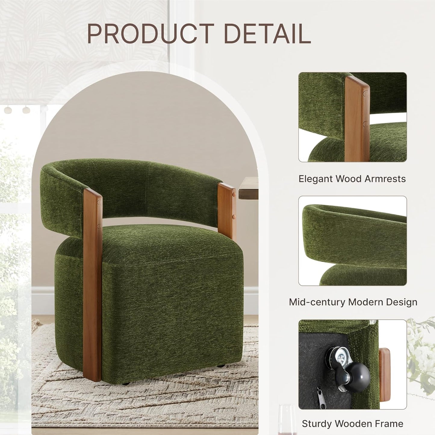 KISLOT Upholstered Dining Chairs with Casters, Modern Barrel Side Armchair with Rollers & Wooden Armrest for Dining Room, Bedroom, Kitchen, Reading Room, Green, Set of 4