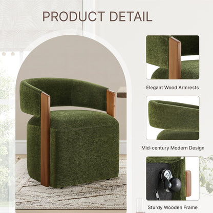 KISLOT Upholstered Dining Chairs with Casters, Modern Barrel Side Armchair with Rollers & Wooden Armrest for Dining Room, Bedroom, Kitchen, Reading Room, Green, Set of 4