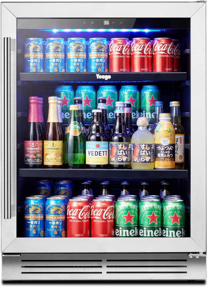 Yeego Beverage Refrigerator & Drink Fridge - 24 inch 180 Cans Beer Cooler Glass Door, 34-54℉ Under Counter Refrigerator Built-in for Drink Soda Wine for Bar Office Bedroom