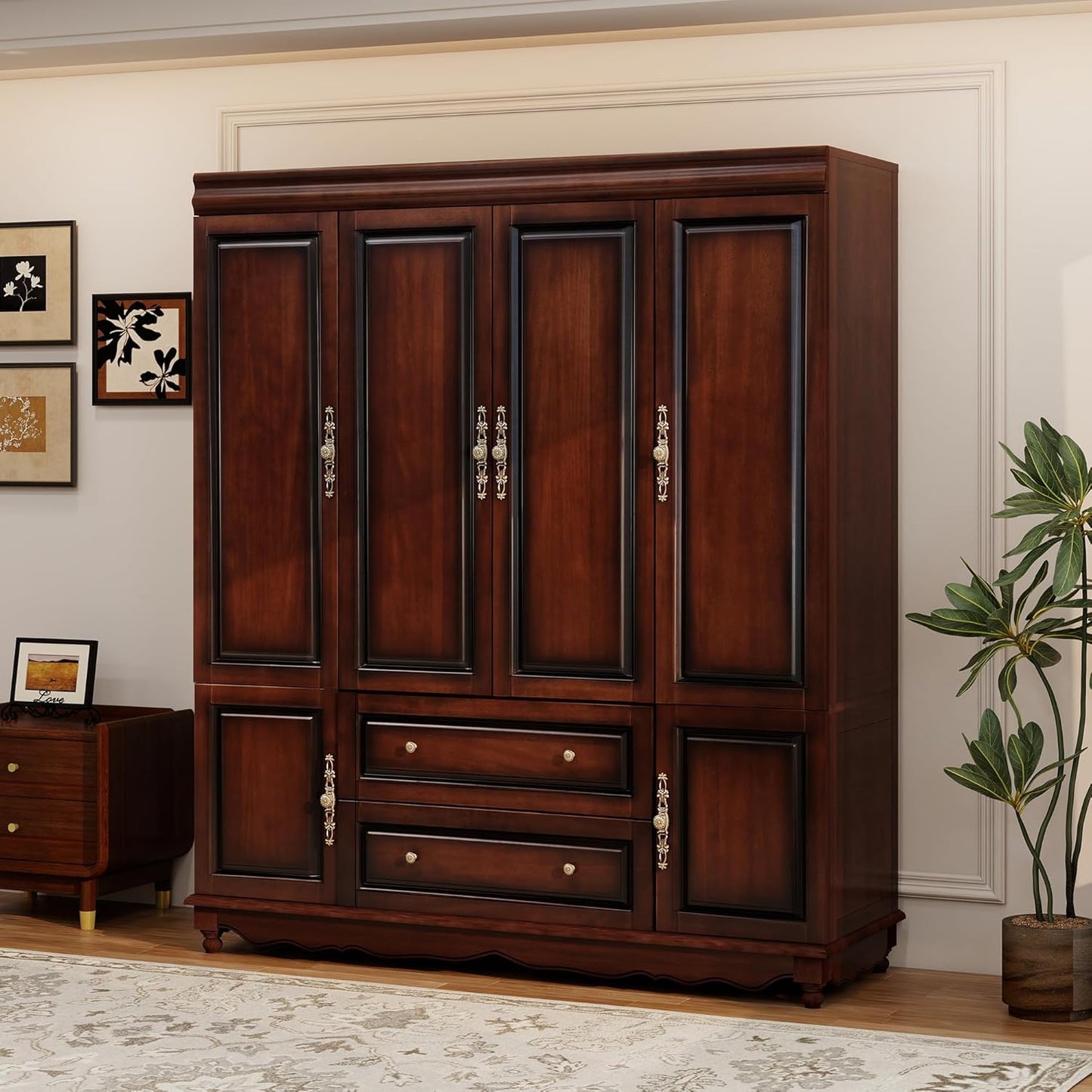 Solid Wood Armoire Wardrobe Closet with Cherry Finish, 61.42"W x 19.29"D x 70.87"H, Clothes Organizer with Shelves, Hanging Rods and 2 Drawers, American Style Freestanding Bedroom Storage