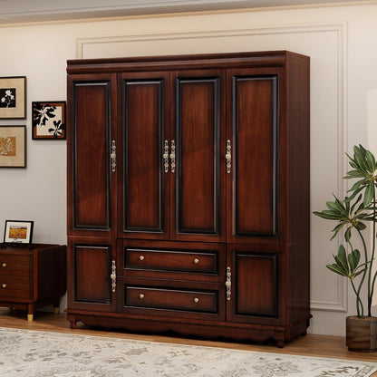 Solid Wood Armoire Wardrobe Closet with Cherry Finish, 61.42"W x 19.29"D x 70.87"H, Clothes Organizer with Shelves, Hanging Rods and 2 Drawers, American Style Freestanding Bedroom Storage