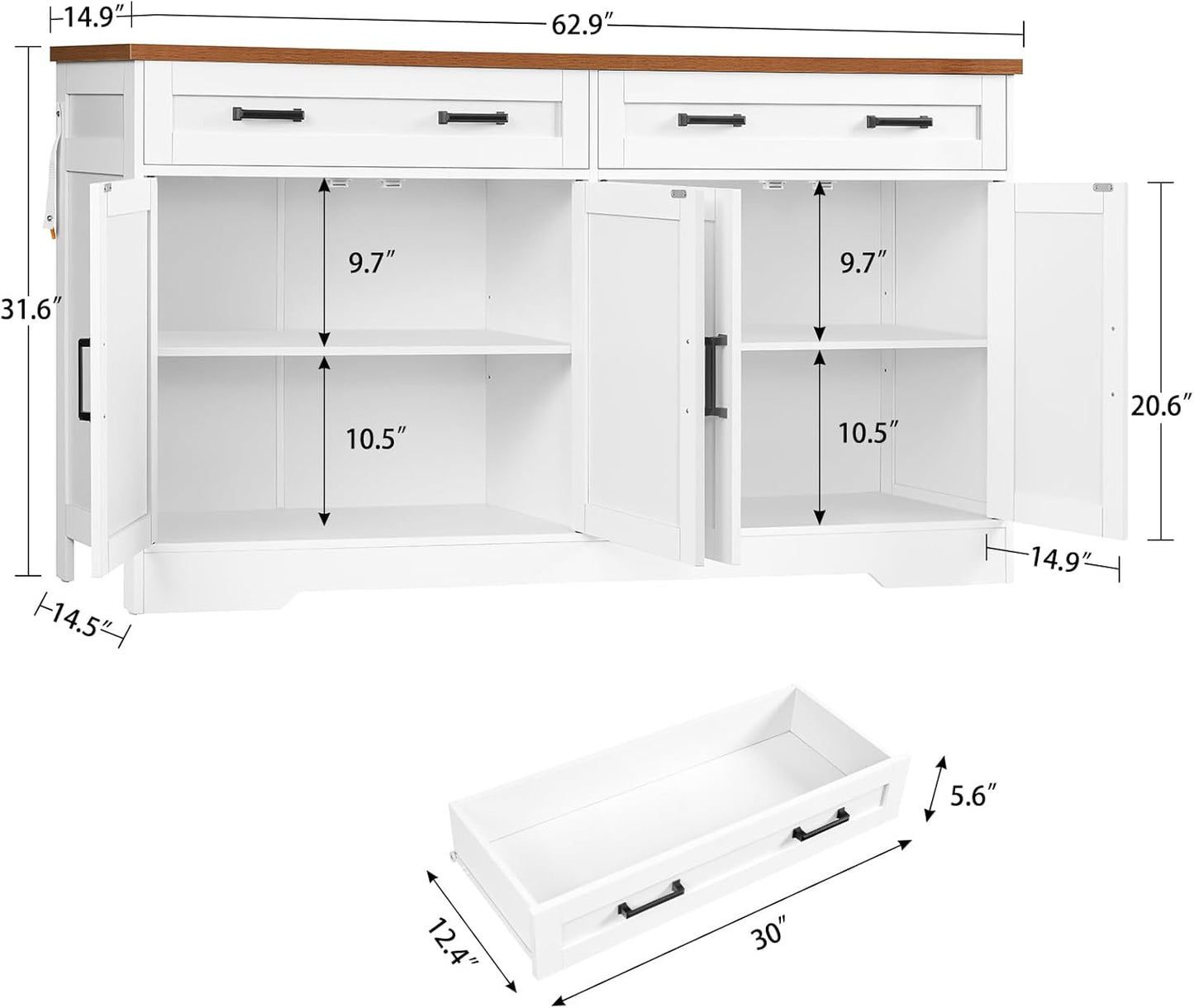 usikey 63" Buffet Cabinet with Storage, Large Sideboard Buffet Cabinet with 2 Adjustable Shelves and 4 Doors, Modern Farmhouse Coffee Bar for Kitchen, Living Room, White