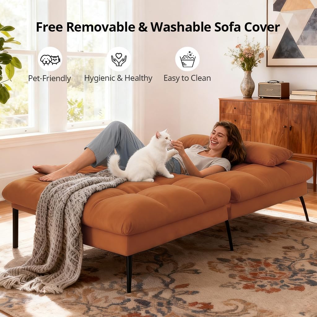 COMHOMA Convertible Sofa Bed,68″Fabric Couch with Adjustable Backrest,Loveseat Recliner Sleeper Living Room Furniture futon Set,Orange