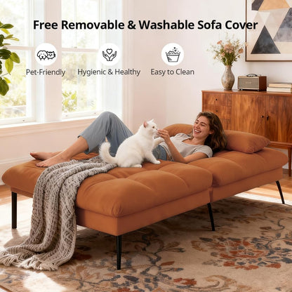 COMHOMA Convertible Sofa Bed,68″Fabric Couch with Adjustable Backrest,Loveseat Recliner Sleeper Living Room Furniture futon Set,Orange