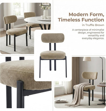 LukeAlon Chenille Dining Chairs Set of 6, Modern Curved Back Armless Kitchen Chairs with Black Metal Legs Upholstered Dining Room Chairs Reception Chairs for Living Room Office Restaurant, Khaki