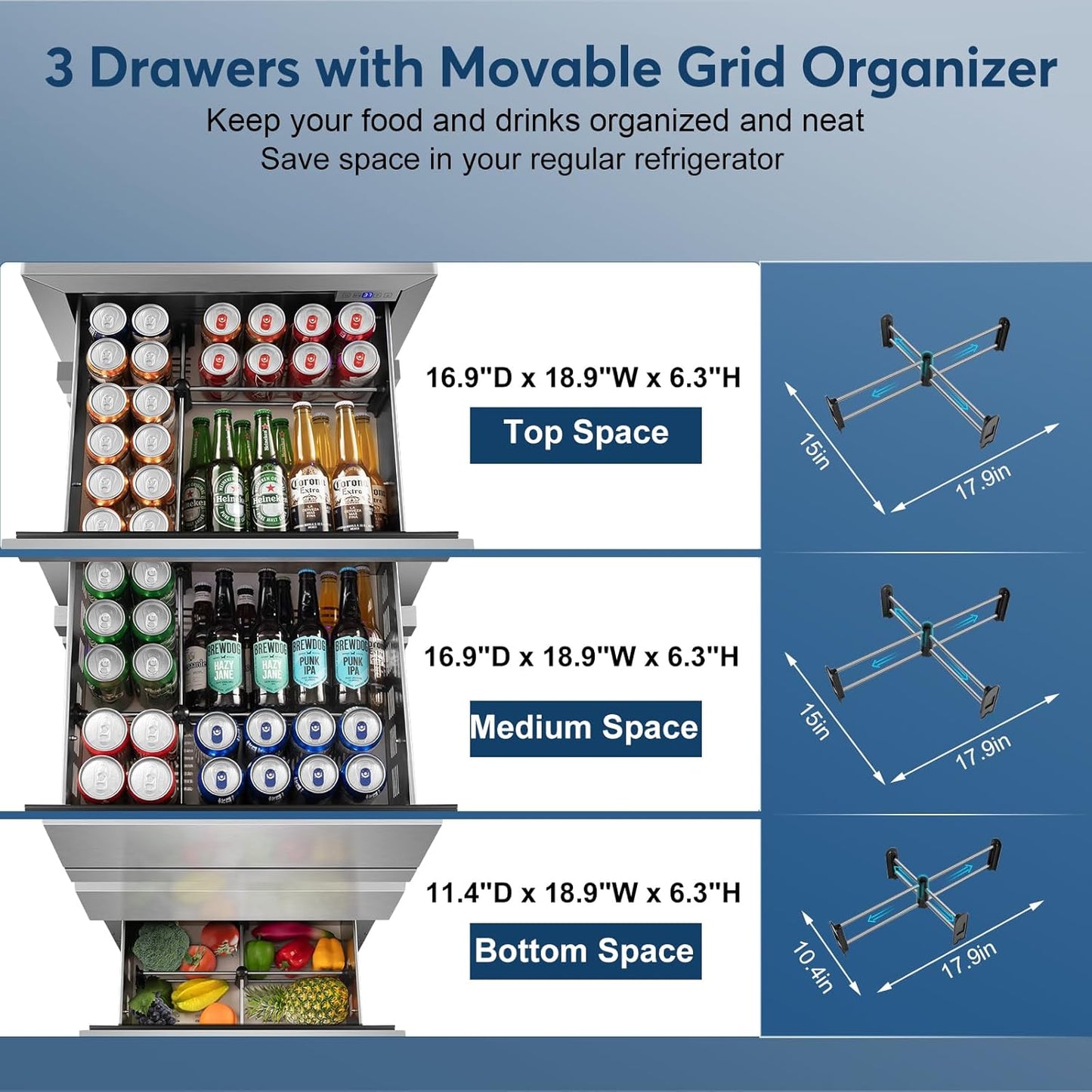 FoMup Stainless Steel 3-Tier Drawer Fridge Undercounter, Outdoor Beverage Refrigerator with Wheels, Waterproof Design and Temperature Control for Home and Commercial Use