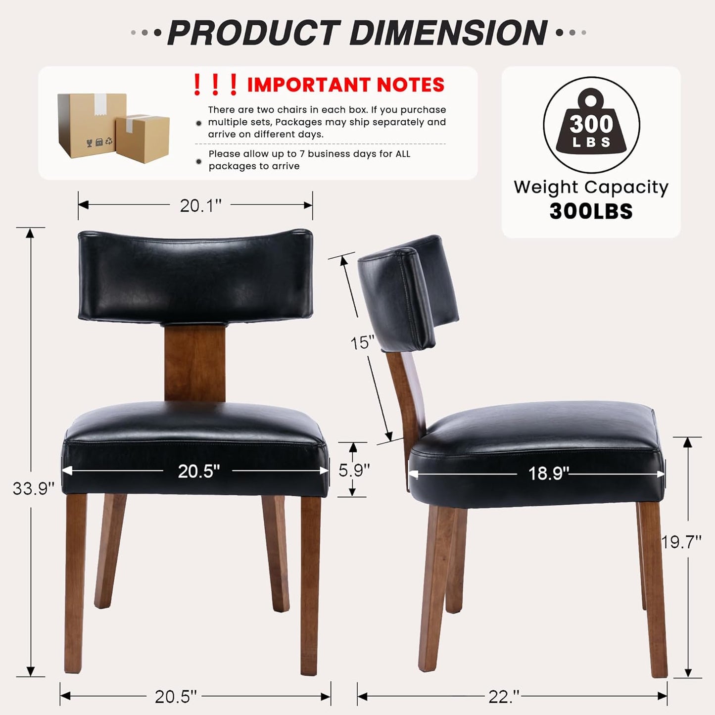 HNY Mid Century Modern Dining Chairs Set of 2, Farmhouse PU Leather Upholstered Accent Chair Curved Backrest Kitchen Chairs, with Hardwood Frame, Black