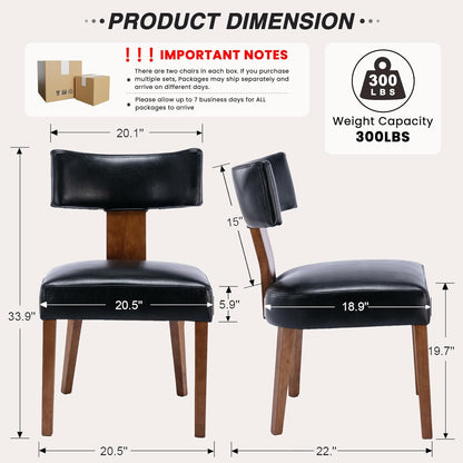 HNY Mid Century Modern Dining Chairs Set of 2, Farmhouse PU Leather Upholstered Accent Chair Curved Backrest Kitchen Chairs, with Hardwood Frame, Black