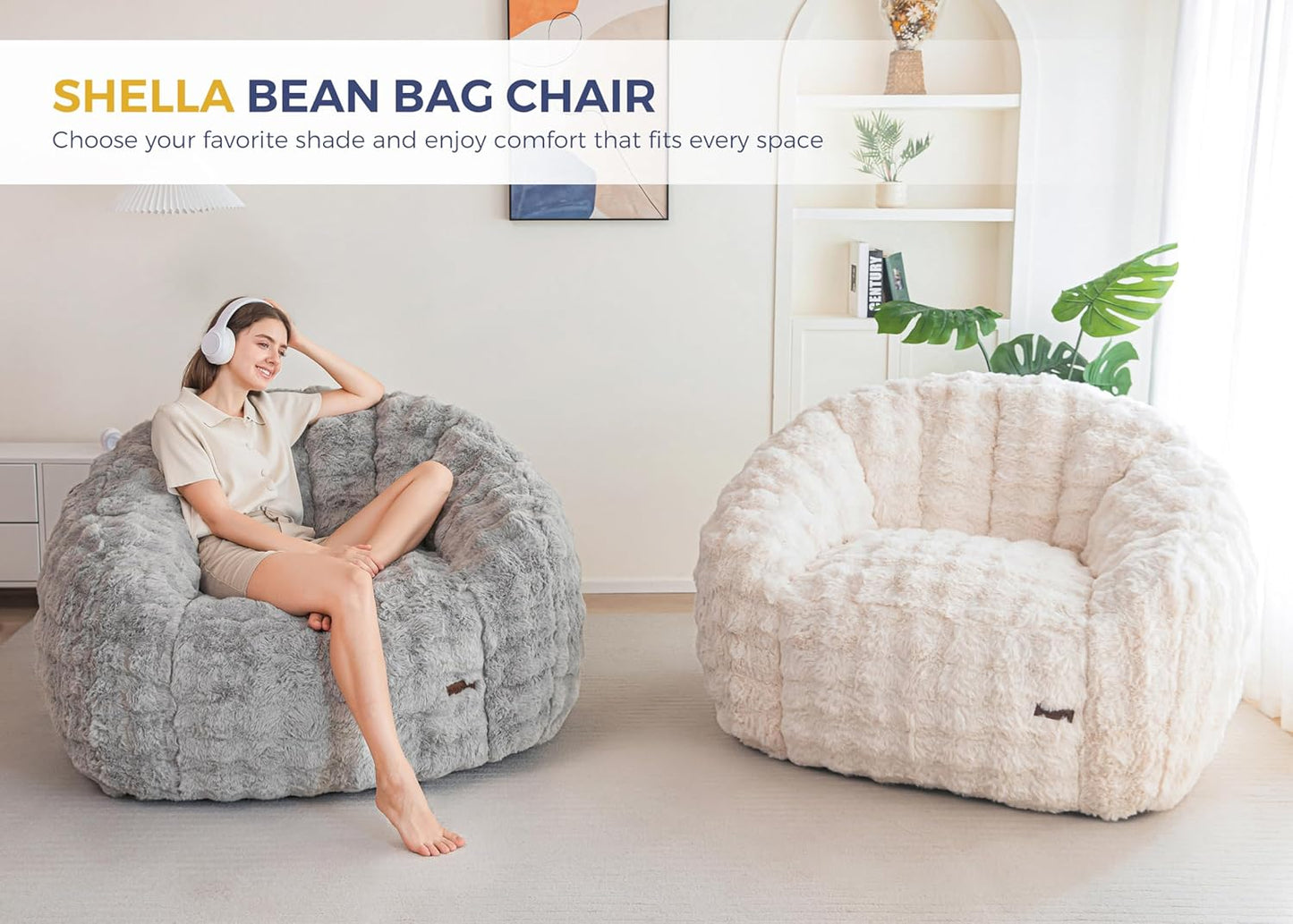 MAXYOYO Giant Bean Bag Chair for Adults, Stuffed Shell-Shaped Large Bean Bag Couch, Cozy Living Room Chair with Filler, Floor Sofa Lazy Sofa for Bedroom Living Room, Beige