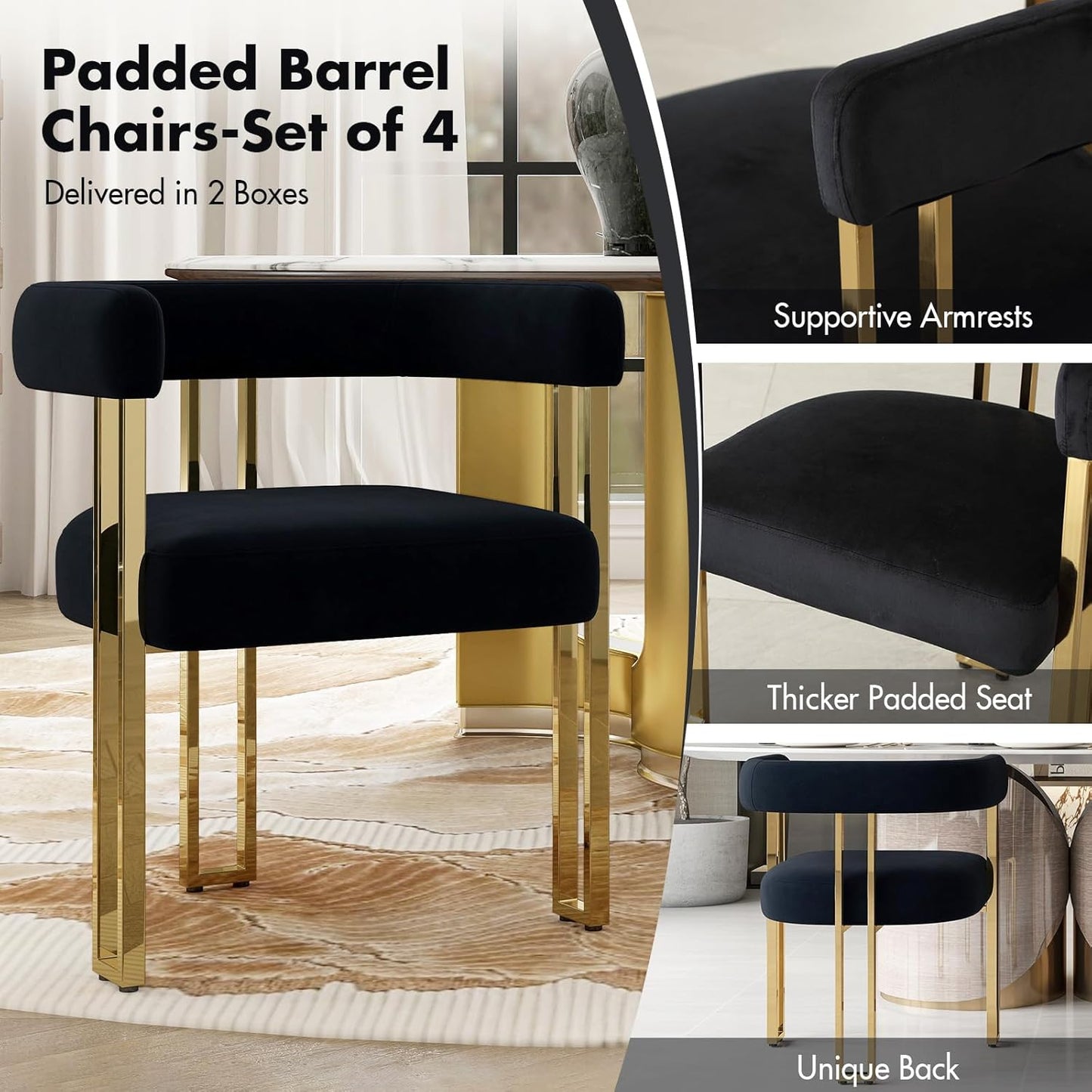Hyfirm Set of 4 Black and Gold Modern Dining Chairs, Velvet Upholstered Barrel Armchairs with Metal Legs for Kitchen Island, Mid Century Accent Chairs for Dining Room Living Room, Open-Back