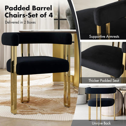 Hyfirm Set of 4 Black and Gold Modern Dining Chairs, Velvet Upholstered Barrel Armchairs with Metal Legs for Kitchen Island, Mid Century Accent Chairs for Dining Room Living Room, Open-Back