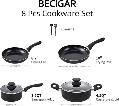 BECIGAR 8pcs Black Ceramic Pots and Pans Set, Cooking Pan Set,Cooking Pot Set Ceramic Pan Set, Nonstick Cookware Set, Induction Safe Kitchen Cooking Set with Frying Pans, Saucepans, shovel and Ladle