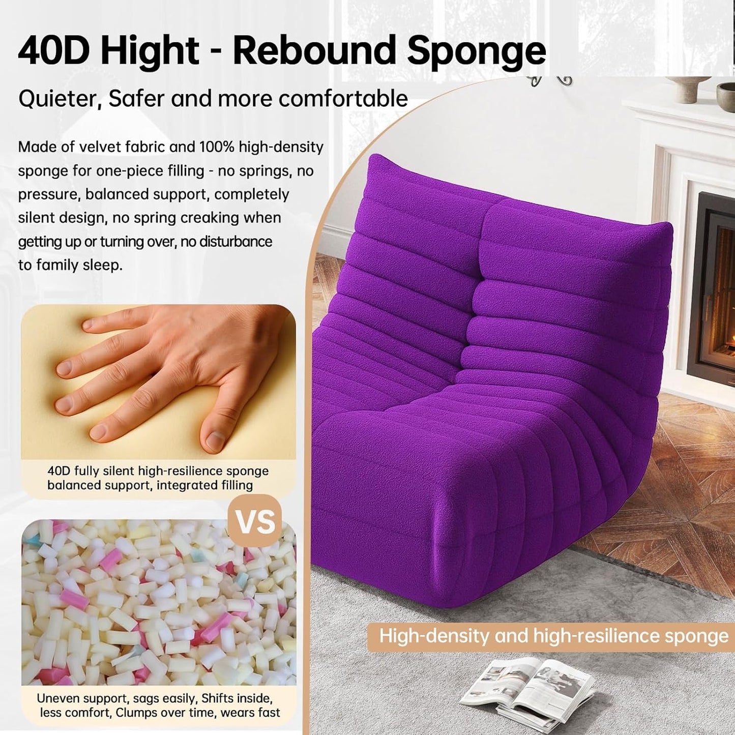 WHGBJA Bean Bag Chairs for Adults, BeanBag Reading Chair Memory Foam Couch, Floor Chair Soft Teddy Material, Comfy Reading Nook Chairs for Bedroom Living Room Office (Purple)
