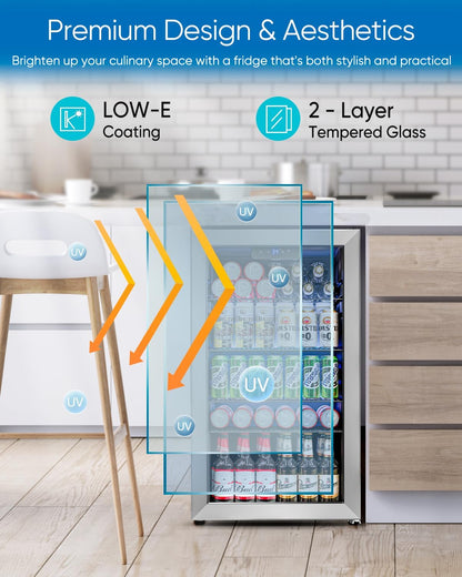 Feelfunn Beverage Refrigerator Cooler - 126 Can Mini Fridge Glass Door for Drinks Soda Beer Wine - Small Refrigerator for Office Bedroom Home Bar, 4 Adjustable Shelves, 3.2 Cu.Ft, Silver