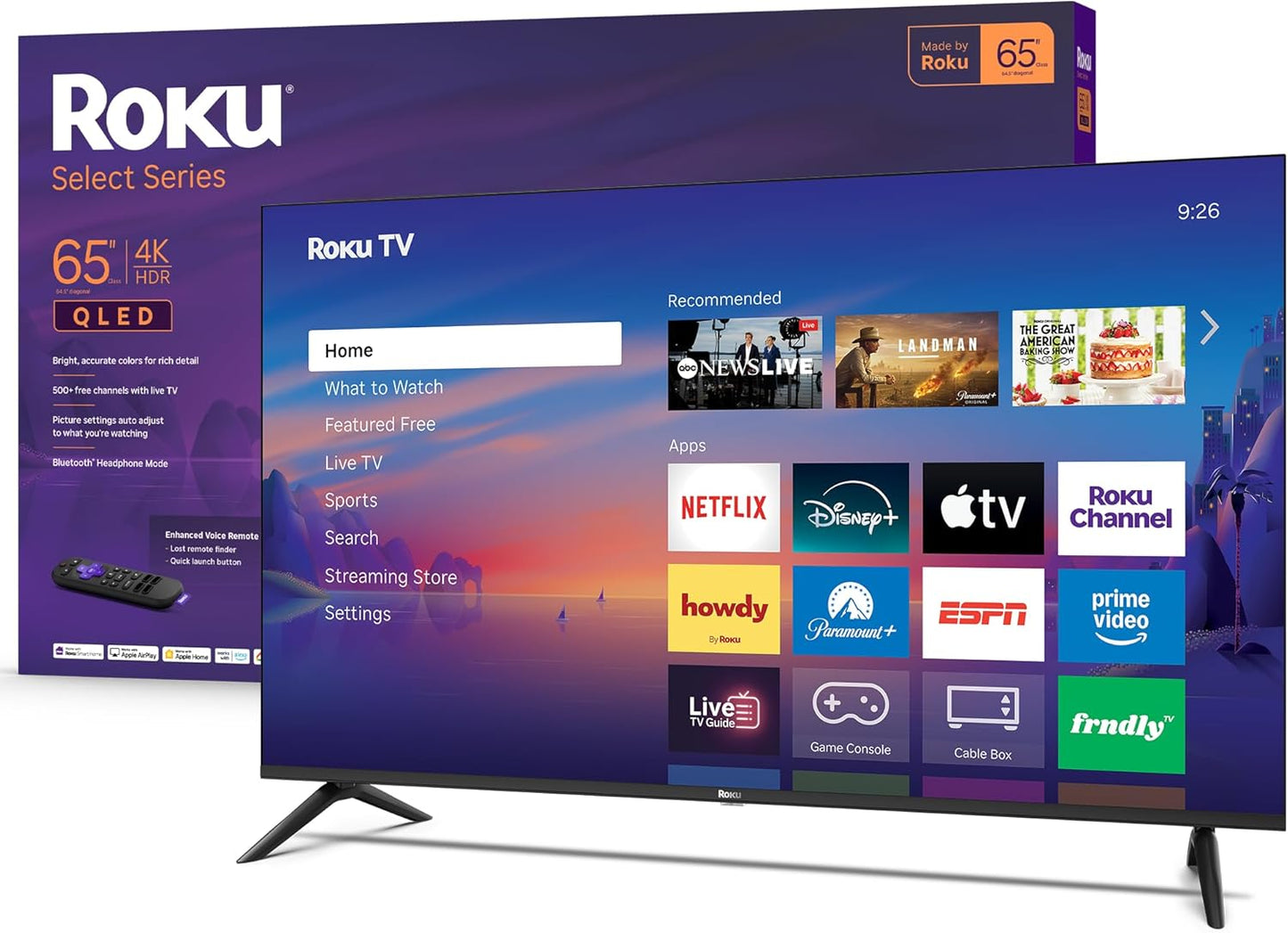 Roku Smart TV 2026 – 65-Inch Select Series, 4K QLED TV – Roku TV with Voice Remote – Flat Screen QLED Television with Wi-Fi for Streaming Live Local News, Sports, & Movies – Bluetooth Headphone Mode