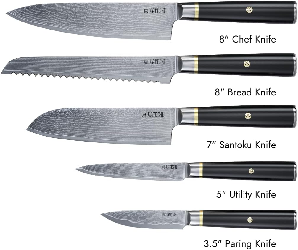 Yatoshi Knives Magnetic Kitchen Knife Block Set - Japanese 67 Layer High-Grade VG-10 Steel Knives, Sharp, G10 Handle Professional Kitchen Knife Set - Black Damascus (6 pieces)