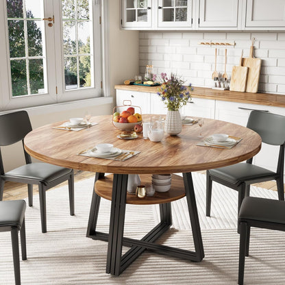 GarveeHome 47 Inch Round Dining Table for 4-6, Farmhouse Pedestal Kitchen Table with Storage Shelf, Space-Saving Circle, for Kitchen, Dining Room, Living Room, Apartment, Table Only- Retro
