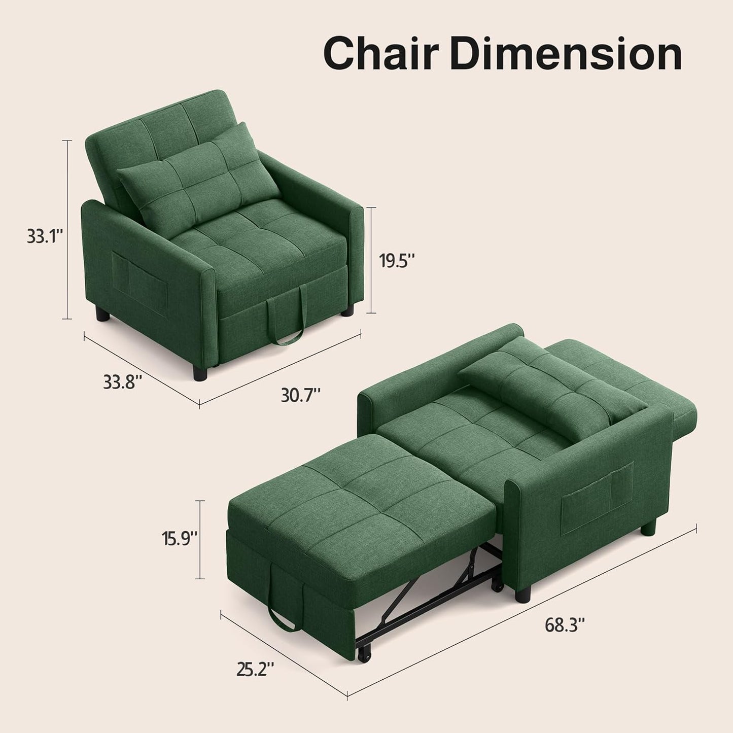 Ahomly Convertible Sleeper Chair Sofa Bed with 3-in-1 Design, Adjustable Backrest, and Storage Pocket for Living Room, Green