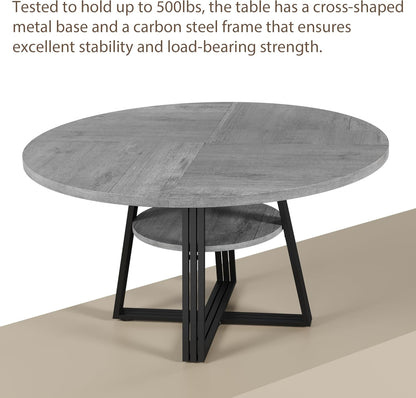 GarveeHome 47 Inch Round Dining Table for 4-6, Farmhouse Pedestal Kitchen Table with Storage Shelf, Space-Saving Circle, for Kitchen, Dining Room, Living Room, Apartment, Table Only- Grey