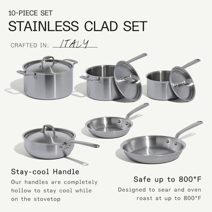 Made In Cookware | 10 Piece Stainless Steel Pot and Pan Set | 5 Ply Clad - Includes Stainless Steel Frying Pans, Saucepans, Saucier and Stock Pot W/Lid | Professional Cookware | Crafted in Italy