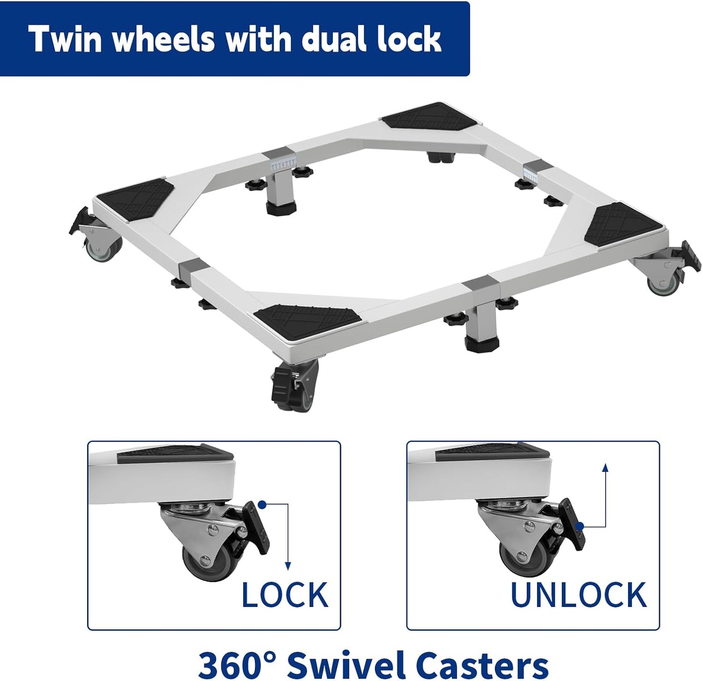 Heavy Duty All Steel Fridge Stand with Wheels Mobile Base Universal Adjustable Washing Machine Stand Multi-Functional Base Furniture Dolly for Refrigerator, Washer and Dryer（White/Large）