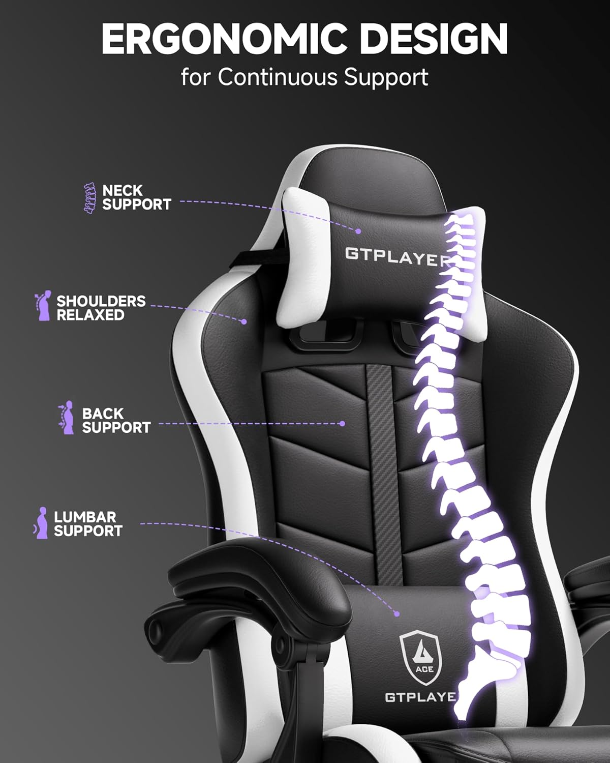 GTPLAYER Gaming Chair for Adults, Ergonomic Computer Gaming Chair with Footrest, Height Adjustable, 90-155° Recline & Removable Headrest Lumbar Support, Snow White