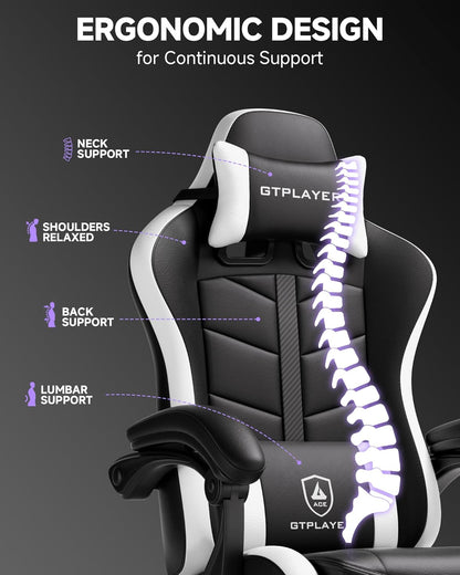 GTPLAYER Gaming Chair for Adults, Ergonomic Computer Gaming Chair with Footrest, Height Adjustable, 90-155° Recline & Removable Headrest Lumbar Support, Snow White