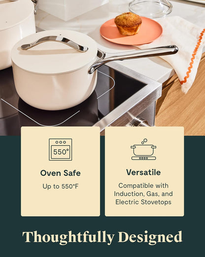 Caraway Nonstick Ceramic Sauce Pans with Lids (3 qt & 1.75 qt) - Non Toxic, PTFE & PFOA Free - Oven Safe & Compatible with All Stovetops (Gas, Electric & Induction) - Marigold