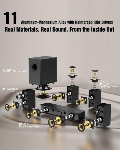 Wooden 5.1.2 Sound Bars, 4 Surround Speakers Wired, Virtual Surround Sound System, Soundbar for Smart TV Speaker w/5.25'' Wired Subwoofer, Home Theater, ARC/Opt/BT/AUX, HiPulse N512