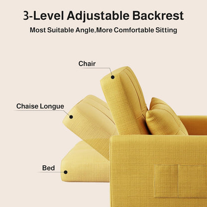 Ahomly Convertible Sleeper Chair Sofa Bed with 3-in-1 Design, Adjustable Backrest, and Storage Pocket for Living Room, Yellow