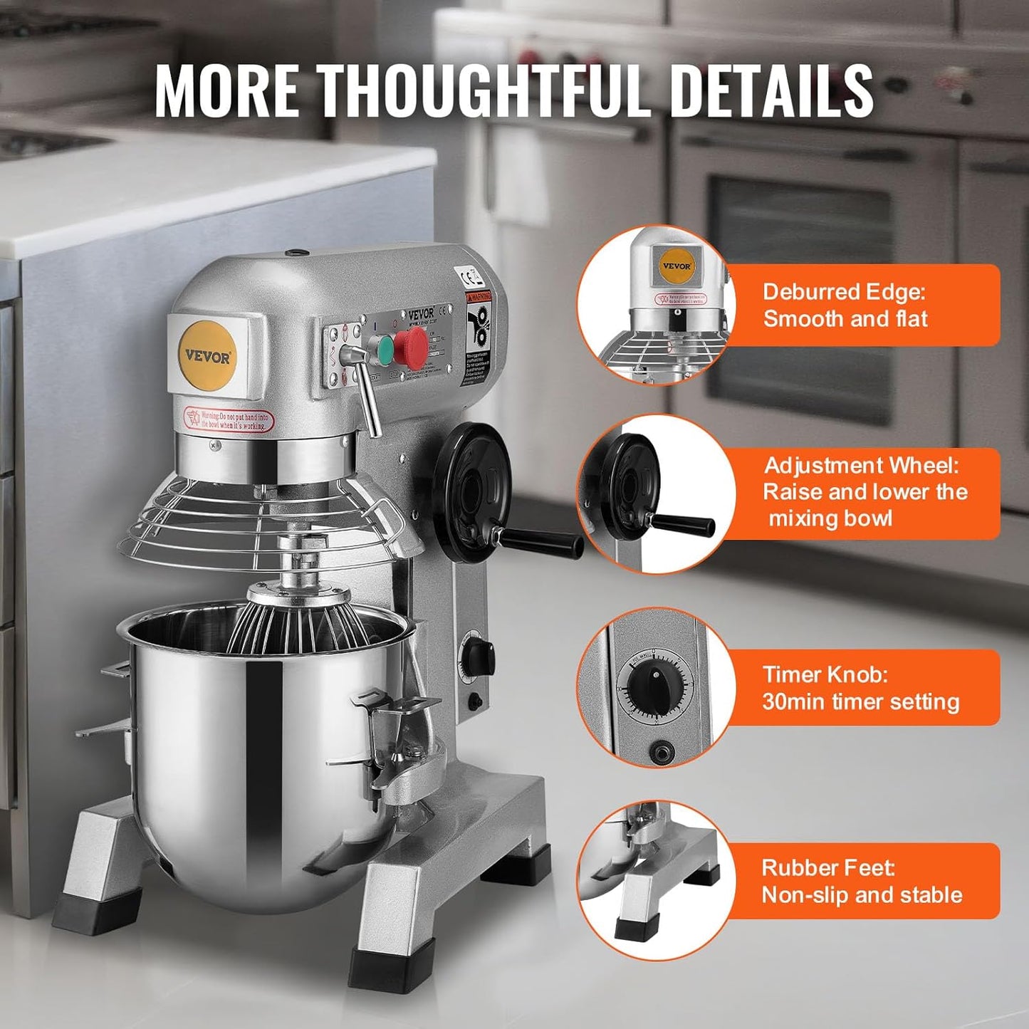 VEVOR Commercial Food Mixer, 15Qt Capacity with Timer, 500W Stainless Bowl Durable Electric Mixer for Commercial Use, 3 Speed Options 113/184/341 RPM, Includes Dough Hook & Whisk
