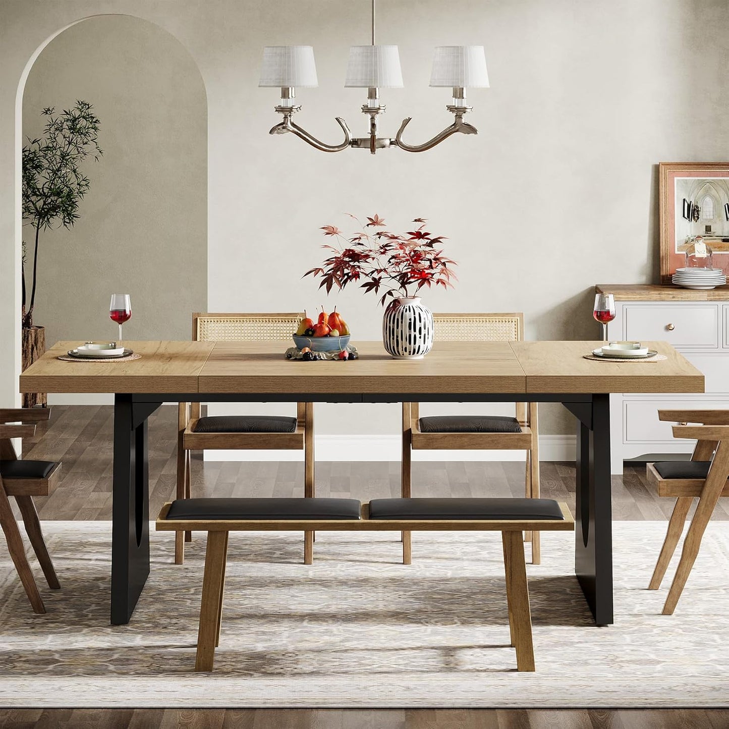 Tribesigns Large Dining Table for 6-8 People, 70.9-Inch Wood Rustic Rectangular Table with Black Wooden Legs, Farmhouse Center Kitchen Table for Dining Room, Living Room, Home Furniture, Oak and Black