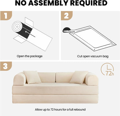 79'' Folding Convertible Sofa, Corduroy Modular Floor Couch with Pull Out Bed, 5-in-1 Sleeper Sofa Bed, No Assembly Space Saving Guest Sofa for Living Room Bedroom Apartment Lounge (Beige White) | High Backrest, No Assembly, Convertible Sofa, Space-S