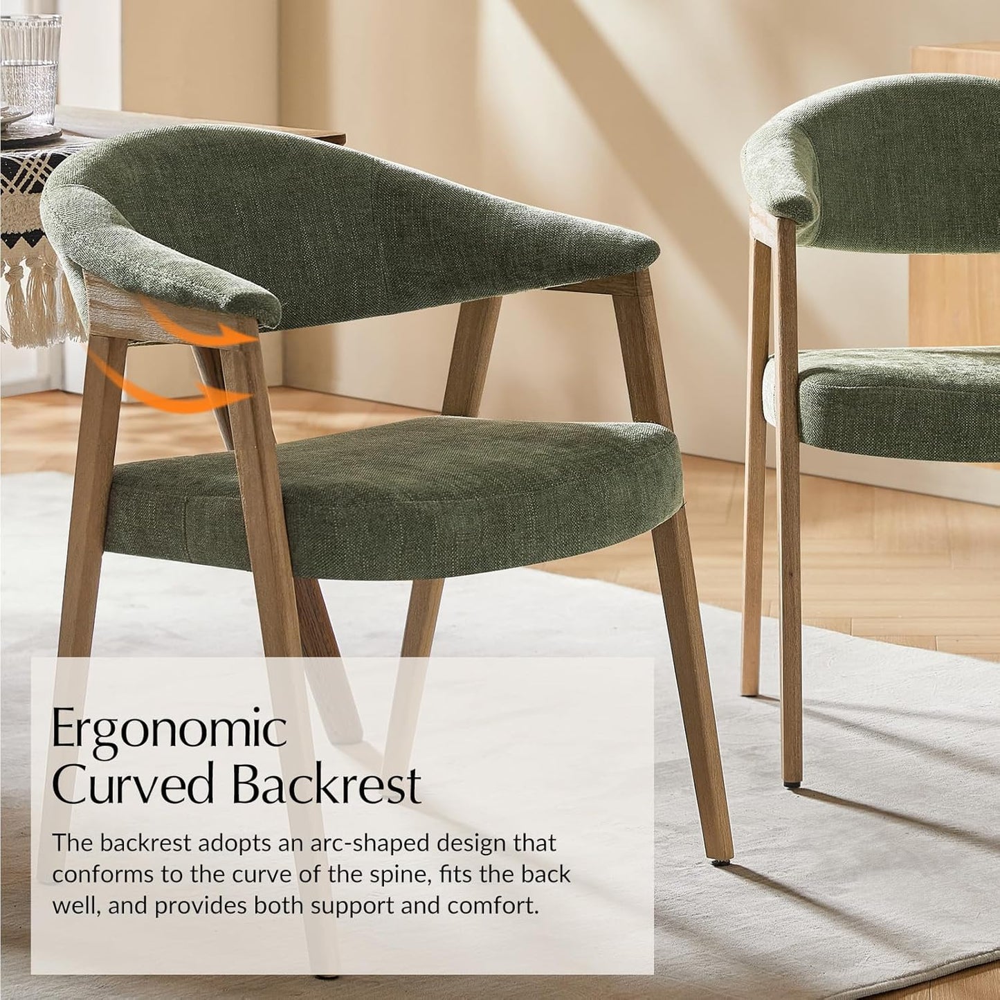 HULALA HOME Mid-Century Modern Dining Chairs Set of 4, Green Wooden Upholstered Kitchen Chairs with Armrest, Curved Backtrst & Wood Legs Armchairs Accent Chairs for Dining Living Room - Moss