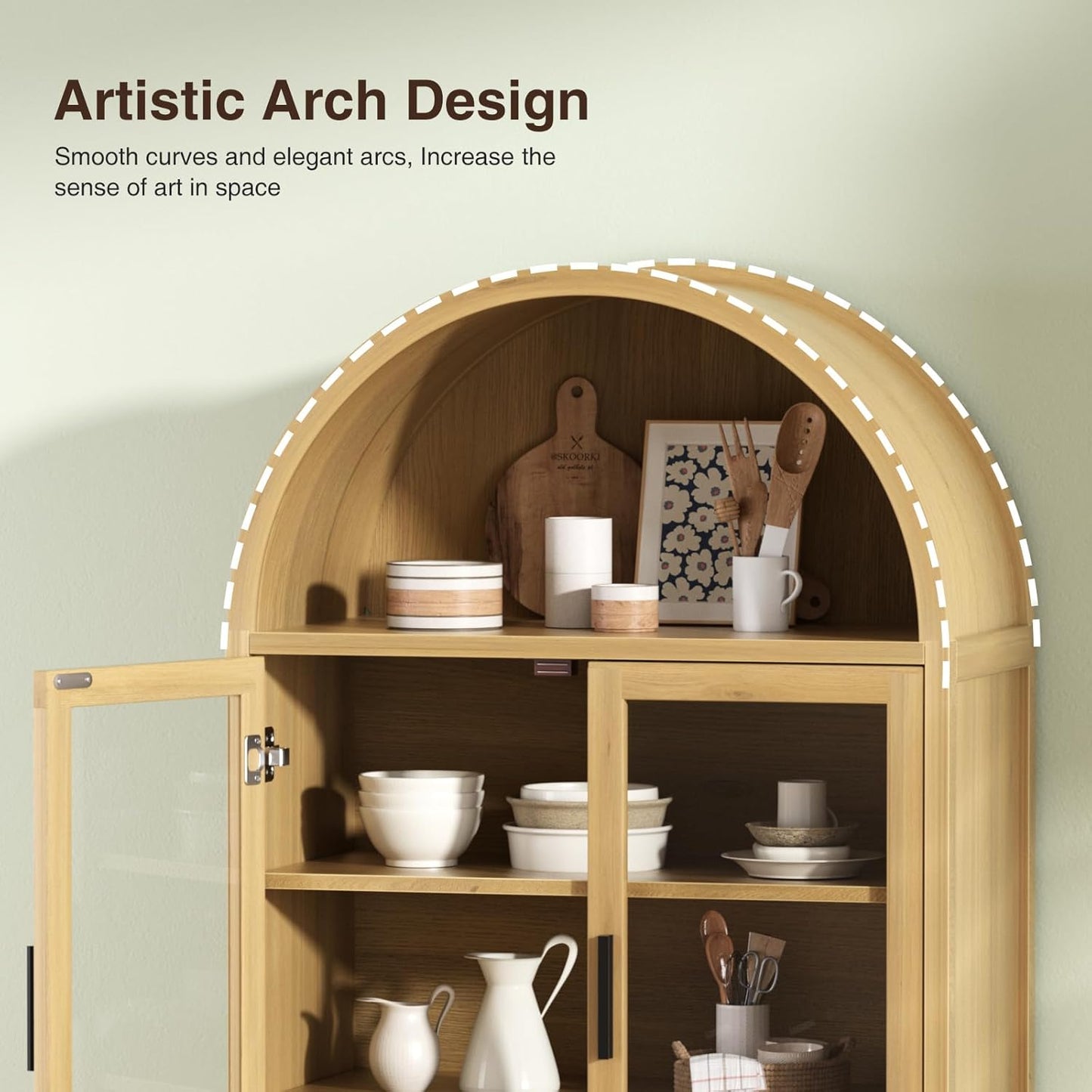 FiveWillowise Arched Cabinet with Glass Doors, 71" Tall Fluted Galss Cabinet with Solid Wood Legs, Adjustable Shelves Accent Furniture for Living Room, Kitchen, Dining Room, Entryway, Natural