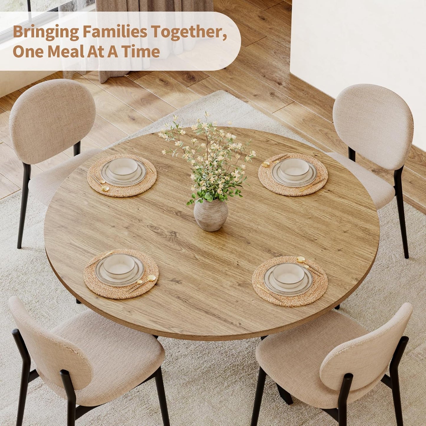 MECHYIN 42 Inch Round Dining Table for 2–4, Farmhouse Round Kitchen Table with Storage Shelf, Pedestal Dining Table, Wood Top & Metal Base, Small Space Table for Apartment, Dining Room