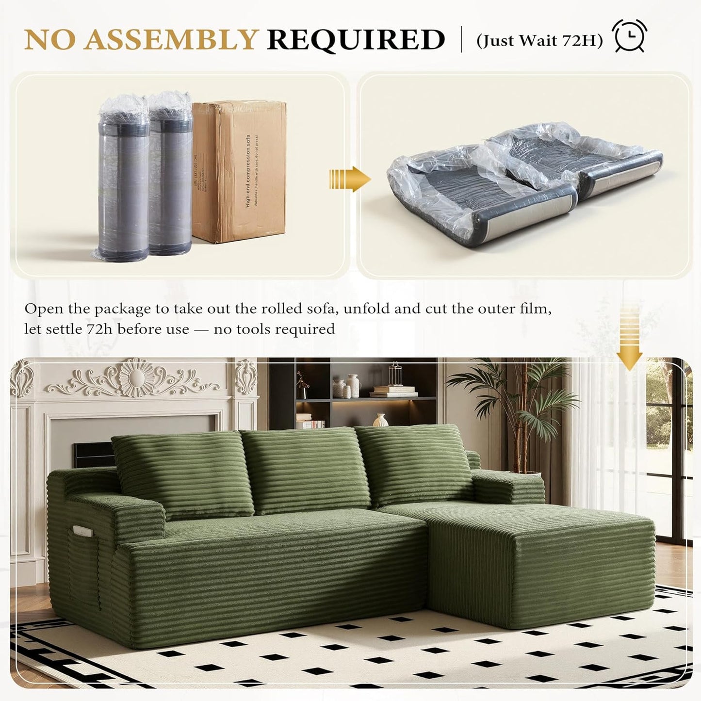 96" Sectional Couches for Living Room Cloud Couch Sofa with L-Shape Upholstered Boneless Couchs Modern Modular Sectional Couch with Chaise (Green, 96" W+Right Facing Chaise+2Seaters)
