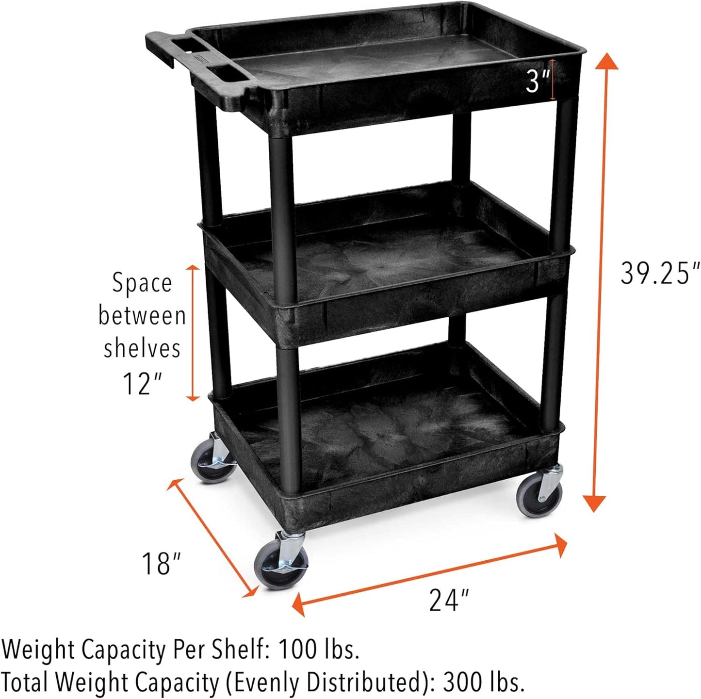 Stand Steady Tubstr Compact Utility Cart, Black, 2.5 in Deep Tub Shelves, 300 lbs Weight Capacity
