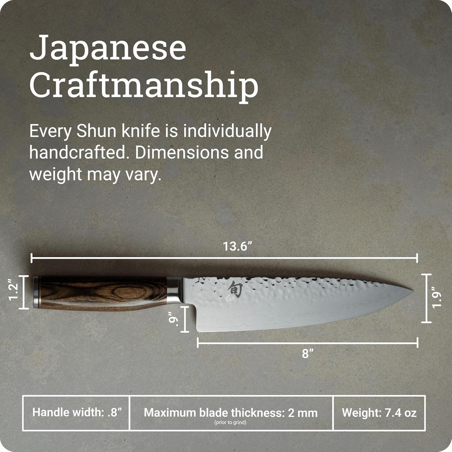 Shun Premier 8" Chef's Knife, Handcrafted Japanese Kitchen Knife for Professional and Home Chefs, VG-MAX Core with Damascus Stainless Steel Cladding, Pakkawood Handle