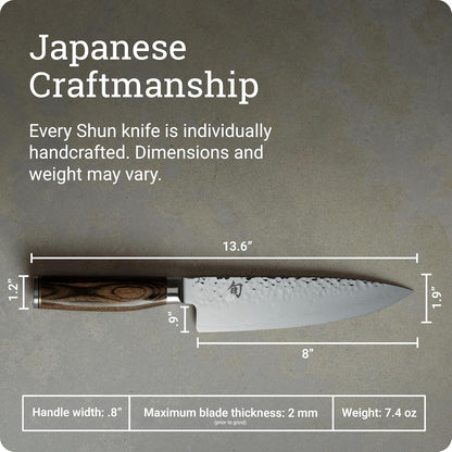 Shun Premier 8" Chef's Knife, Handcrafted Japanese Kitchen Knife for Professional and Home Chefs, VG-MAX Core with Damascus Stainless Steel Cladding, Pakkawood Handle
