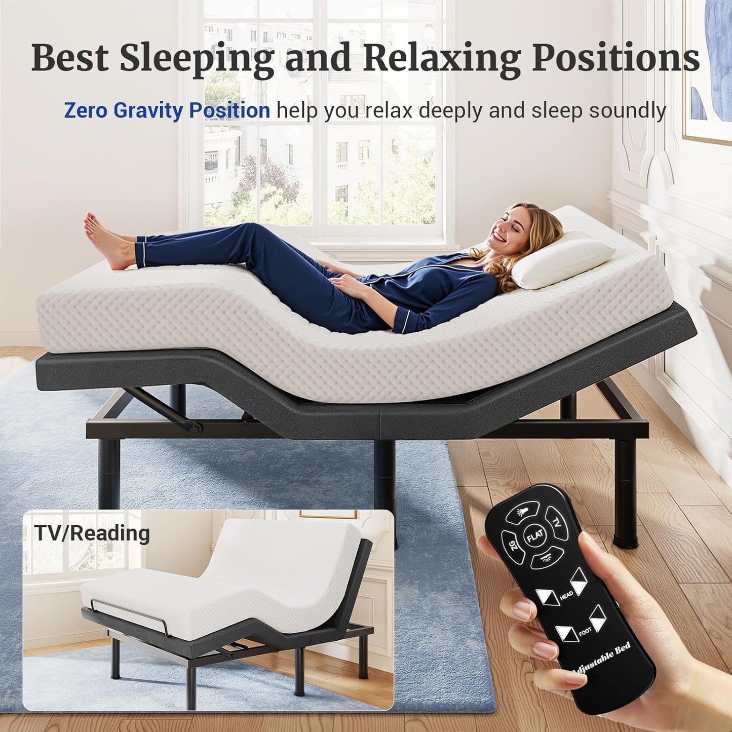 Tami Tami T450 Adjustable Bed Frame Split King (Sync Control as King) with Remote, Adjustable Base with Head&Foot Incline, Zero Gravity, Nightlight, Quiet Motor, Height-Adjustable Legs, Easy Assembly