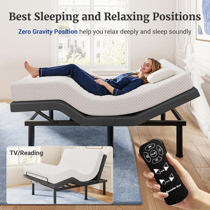 Tami Tami T450 Adjustable Bed Frame Split King (Sync Control as King) with Remote, Adjustable Base with Head&Foot Incline, Zero Gravity, Nightlight, Quiet Motor, Height-Adjustable Legs, Easy Assembly