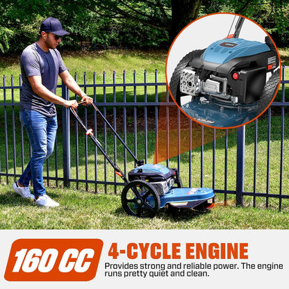 SENIX 22-Inch Gas Walk Behind Brush Cutter and String Trimmer, 160 cc 4-Cycle Engine, 14" Rubber High Wheels, with .155-Inch Heavy-Duty Line, Steel Deck, Adjustable Cutting Height
