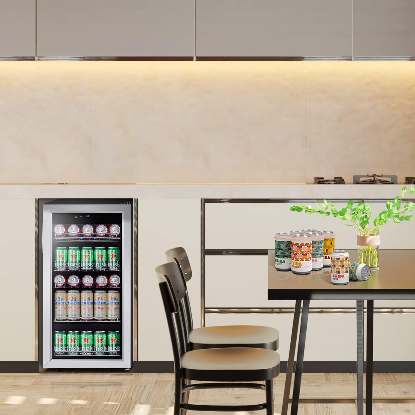 Kalamera Mini Beverage Fridge Refrigerator- 120 Cans Freestanding Drink Cooler - for Soda, Water, Beer or Wine with White LED Light