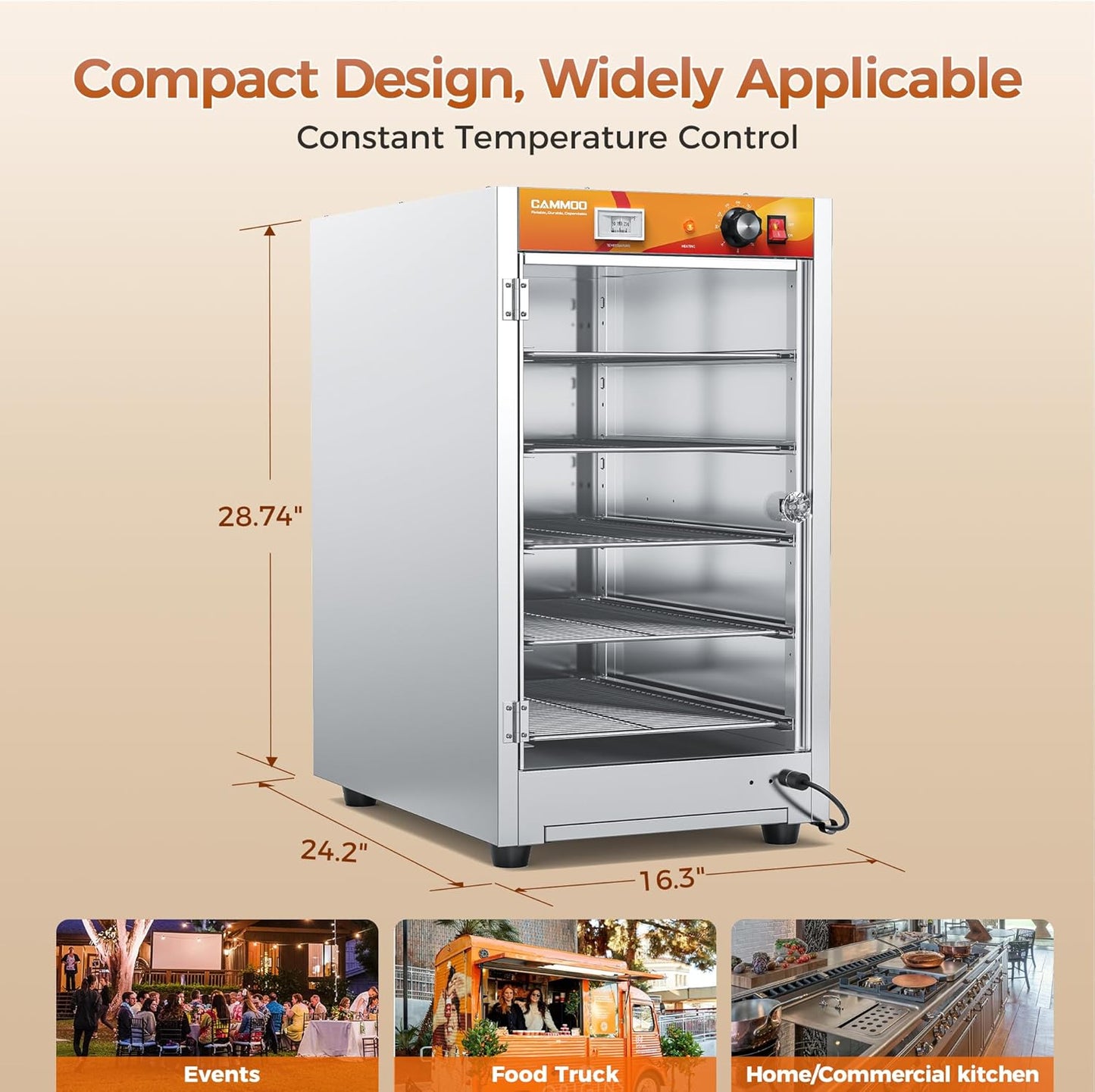 CAMMOO 133Qt 5-Tier 900W Commercial Food Warmer w/ 304 Blued Stainless Steel Heating Element, Single-Tempered Glass Door, Adjustable Shelf, Electric Catering Hot Box Countertop Heated Holding Cabinet