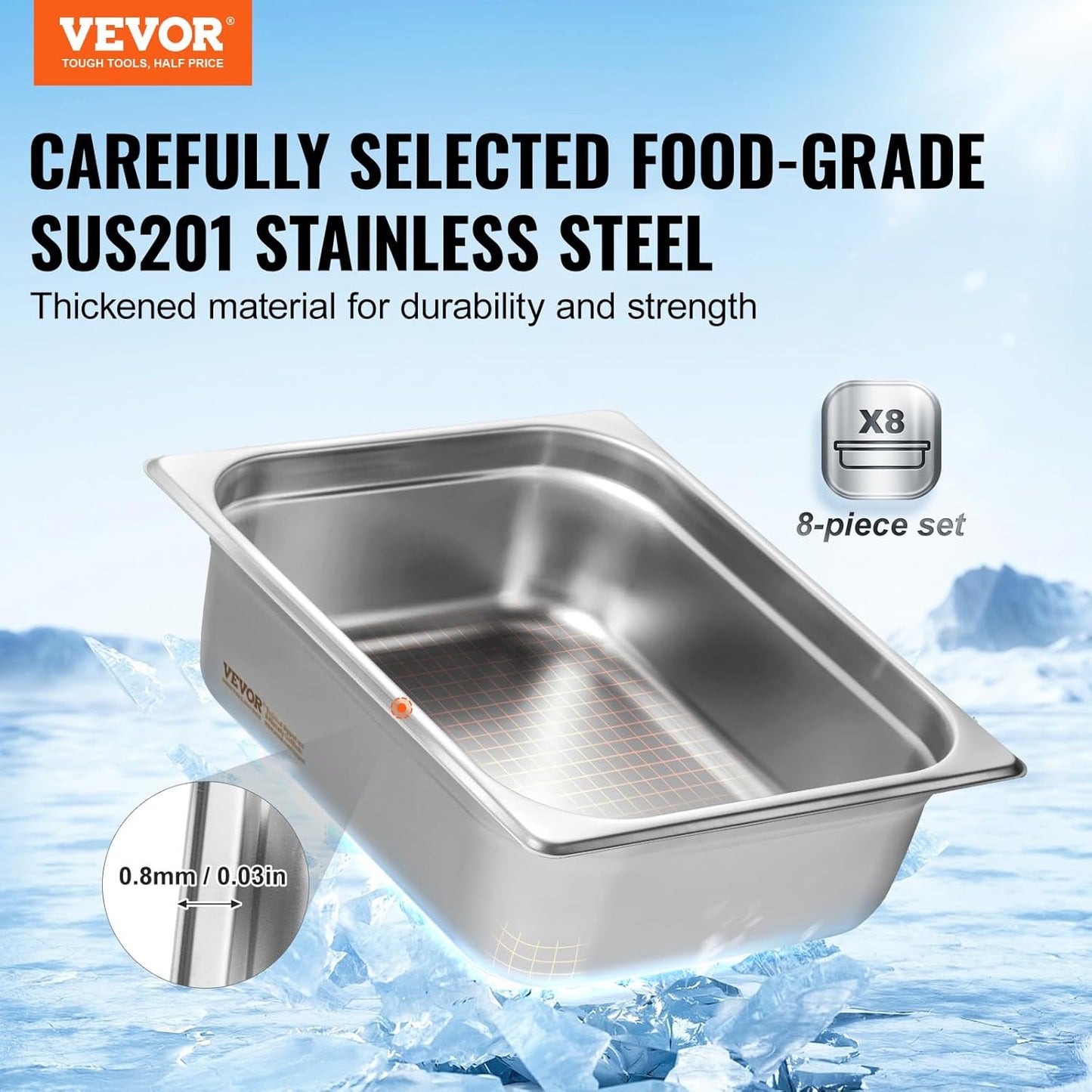 VEVOR 8 Pack Hotel Pans with Lids, 1/2 Size Anti-Jam Steam Pan, 0.8mm Thick Stainless Steel Steam Table Pan, 4-Inch Deep Commercial Table Pan, Catering Storage Food Pan, for Industrial & Scientific